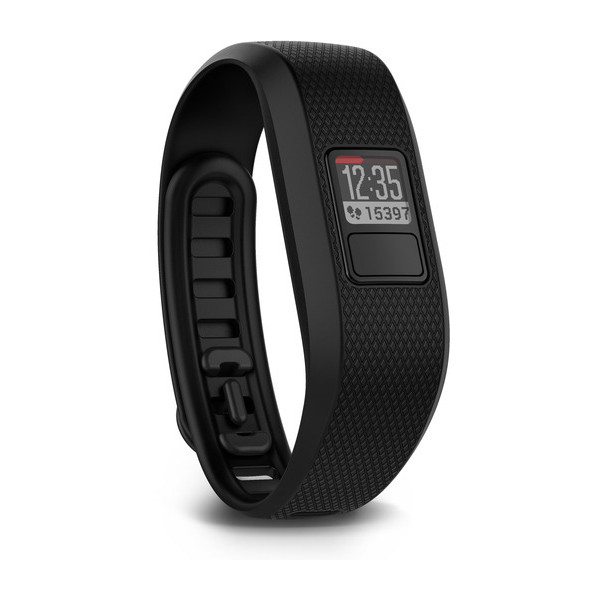 Schwarzer Fitnesstracker mit Anzeige von Uhrzeit und Schritten.
