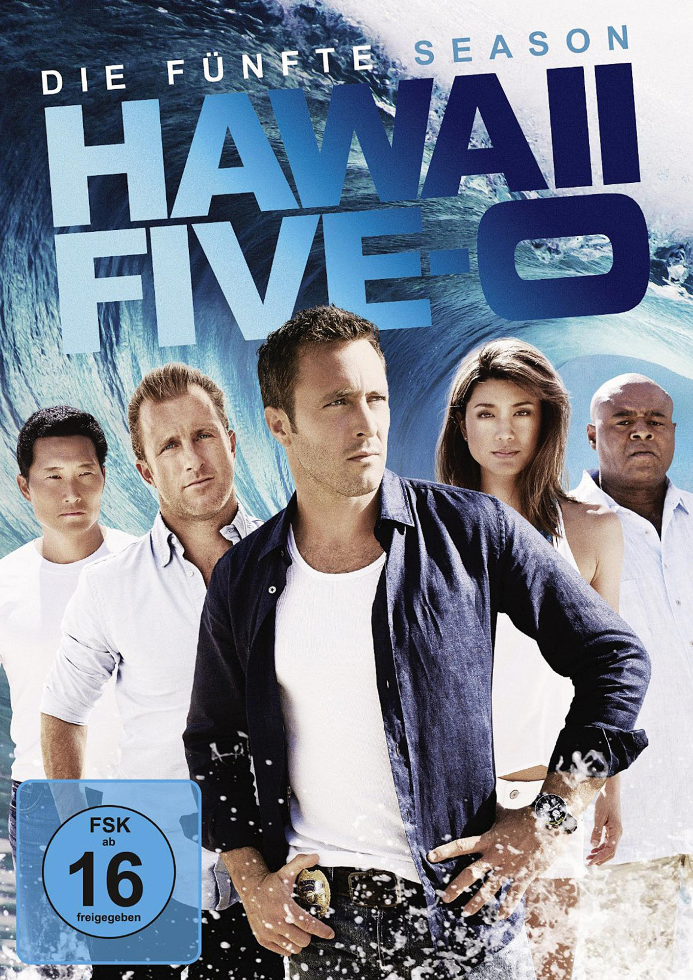 DVD-Cover von Hawaii Five-0, mit Schauspielern vor einem Wellenhintergrund.