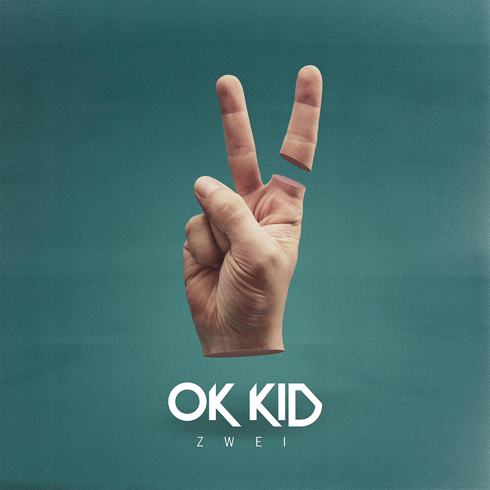 Albumcover: Eine Hand formt ein Friedenszeichen, ein Finger abgeschnitten. OK Kid Logo.