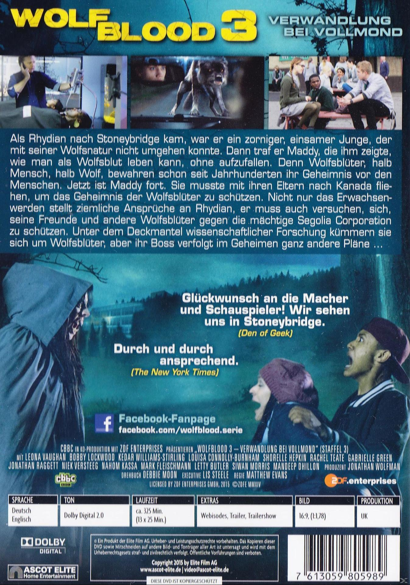 DVD-Cover: Wolfblood 3. Leute in einem Wald. Ein Mann mit Kapuzenpulli.