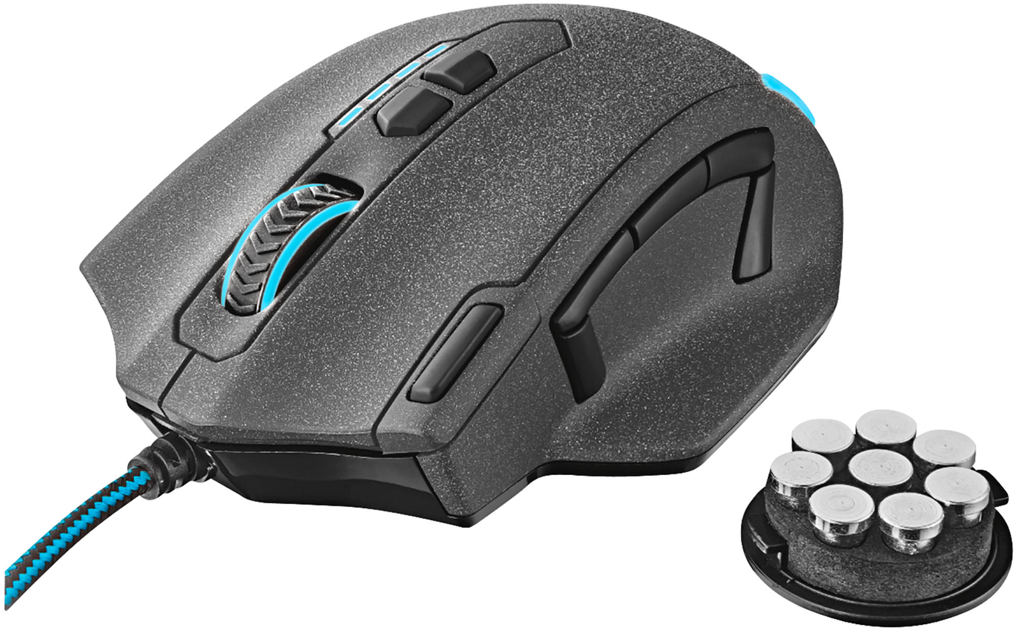 Schwarze Gaming-Maus mit blauen Akzenten, Tasten und einem Scrollrad. Ein Gewichtsatz ist rechts.