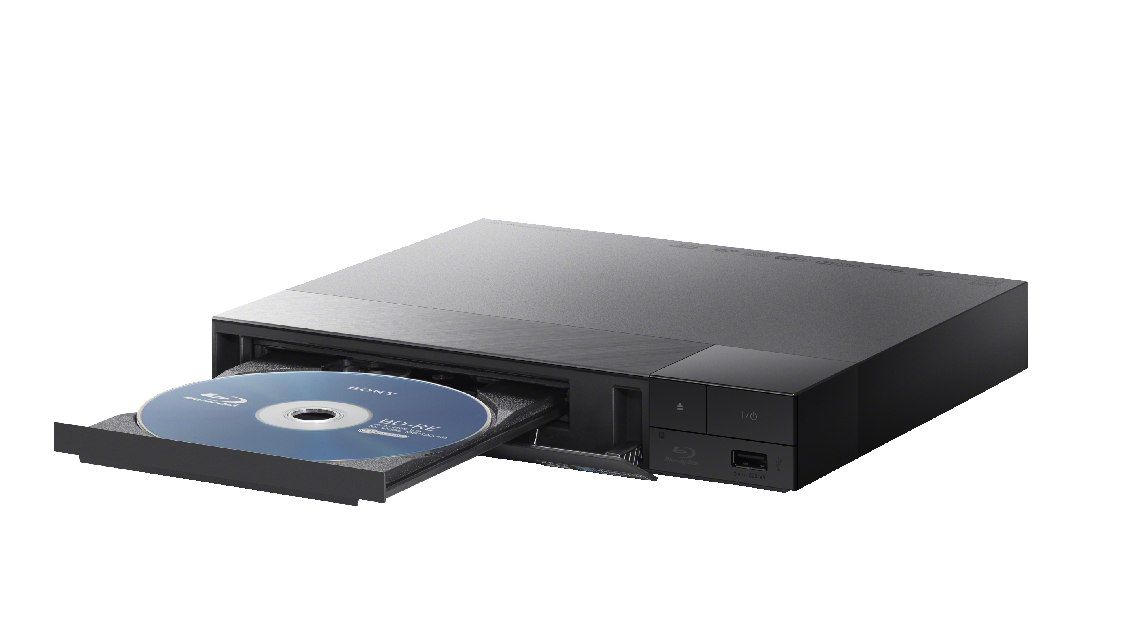 Zwarte Blu-ray speler met een gedeeltelijk uitgeworpen schijf op een zwarte achtergrond.