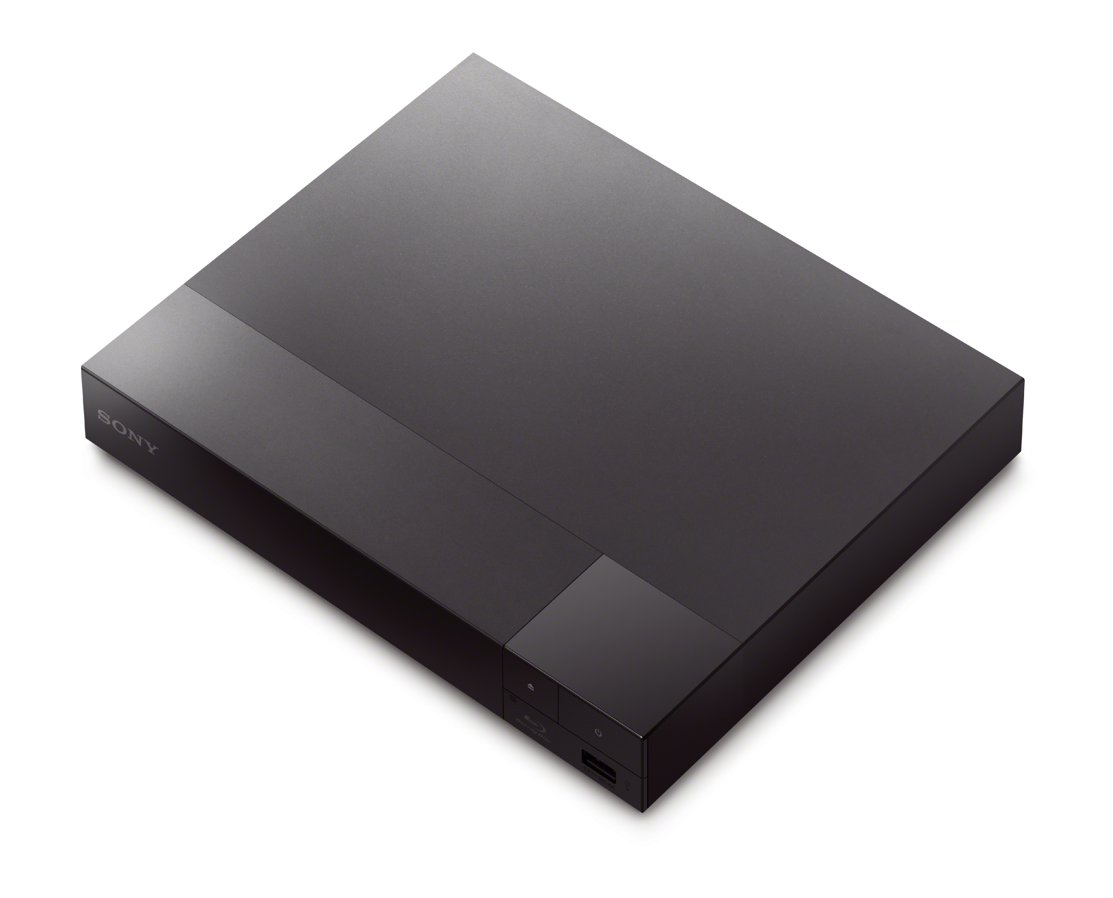Een zwarte Sony Blu-ray-speler. Schuine weergave, met het Sony-logo en bedieningsknoppen zichtbaar.