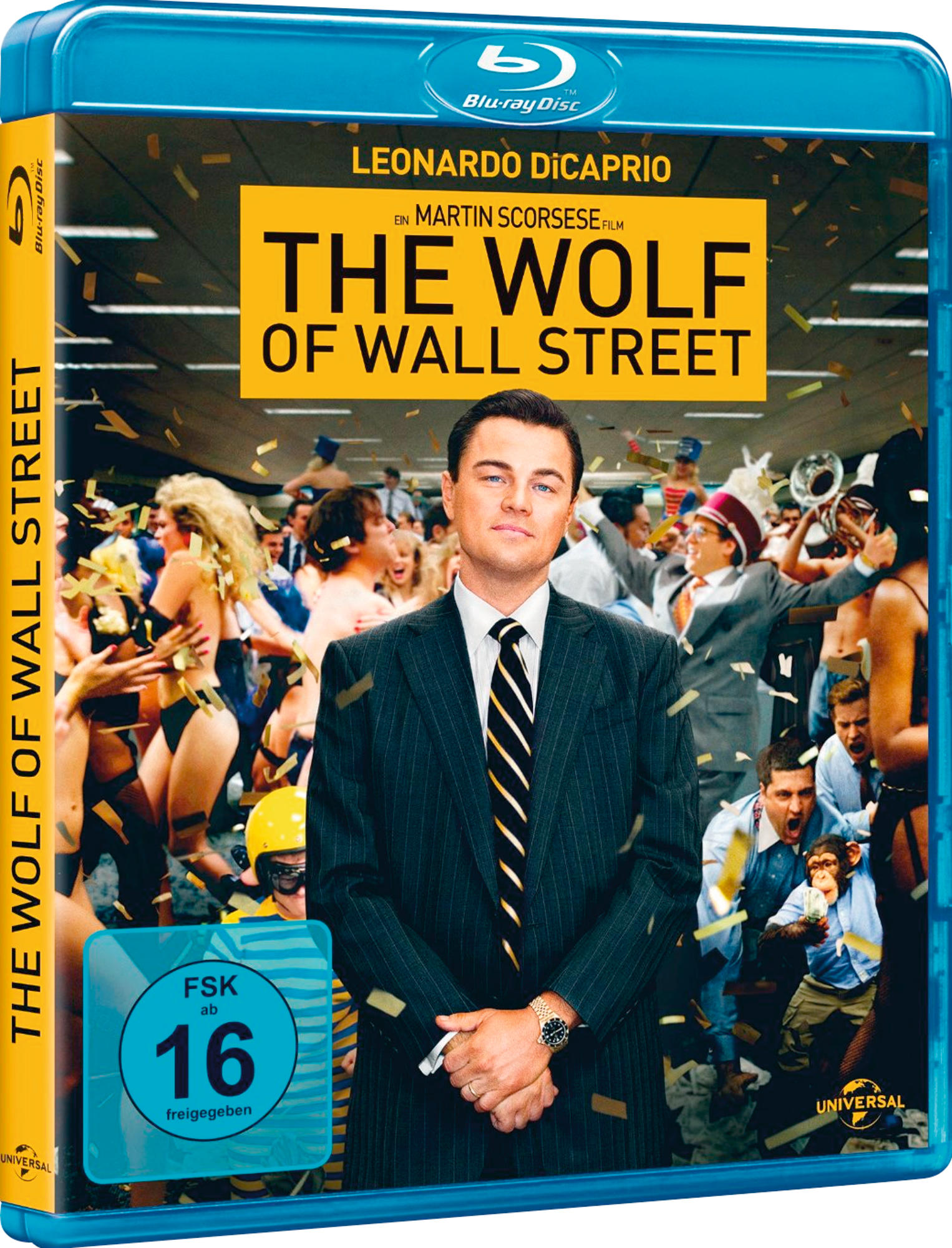 Blu-ray-Disc-Cover. Leonardo DiCaprio im Anzug. Text: The Wolf of Wall Street. Deutscher Text.