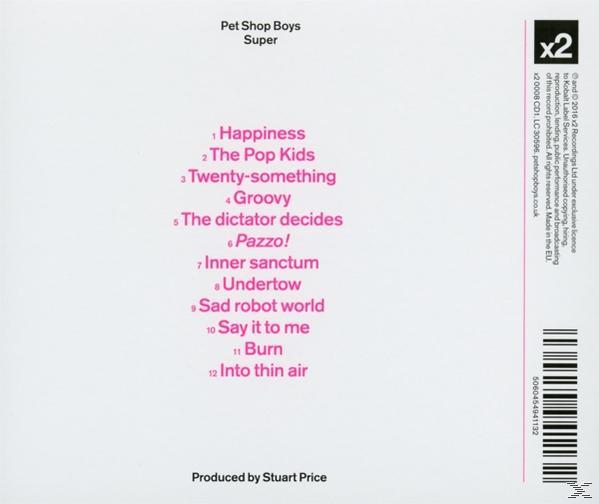 CD-Cover-Rückseite mit rosafarbenen Songtiteln. Titel: Super von Pet Shop Boys.
