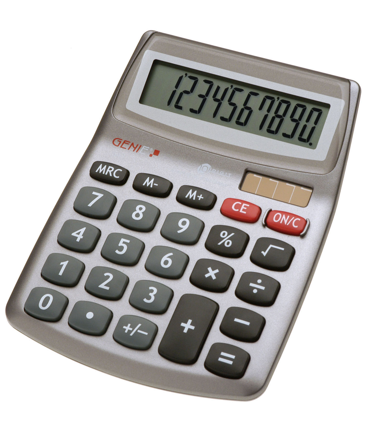 Taschenrechner, silbernes Gehäuse, schwarze Tasten, Anzeige zeigt 1234567890.