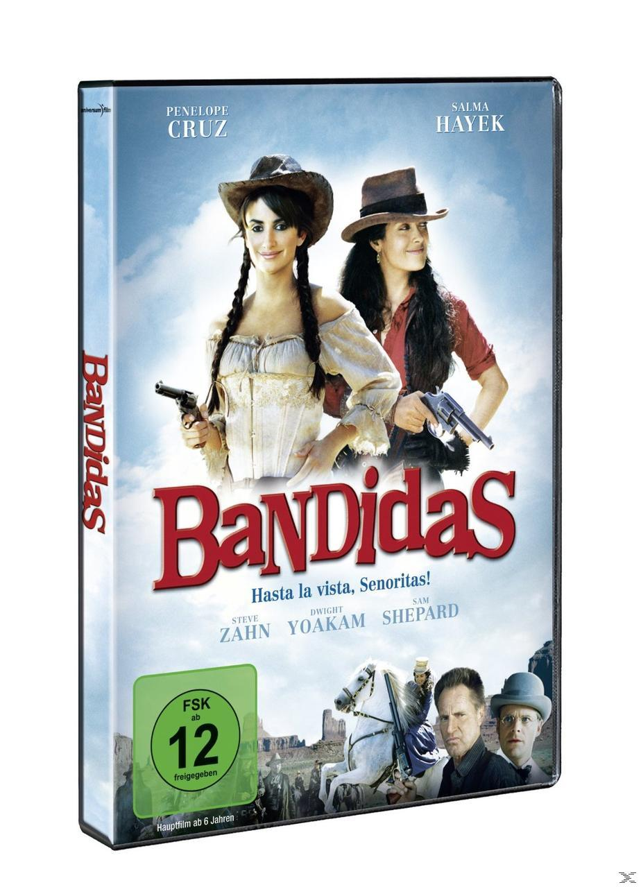 DVD-Cover von 'Bandidas' mit Penelope Cruz und Salma Hayek, die Waffen halten.