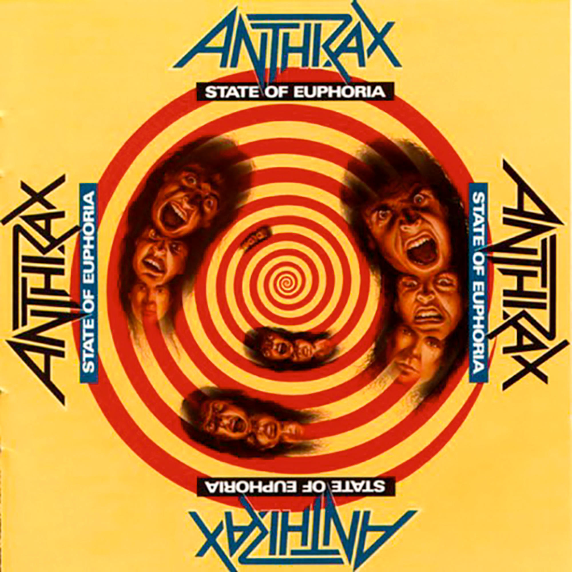 Anthrax Albumcover: Gesichter in roter Spirale. Gelber Hintergrund, Bandname oben.