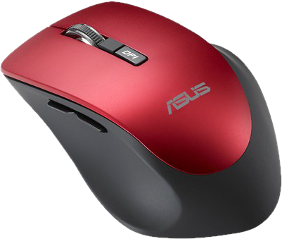 Piros-fekete ASUS számítógépes egér, görgővel és DPI gombbal.