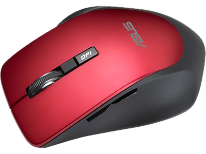 Piros és fekete ASUS vezeték nélküli egér görgetőkerékkel és DPI gombbal. Fekete alap és oldalsó gombok.