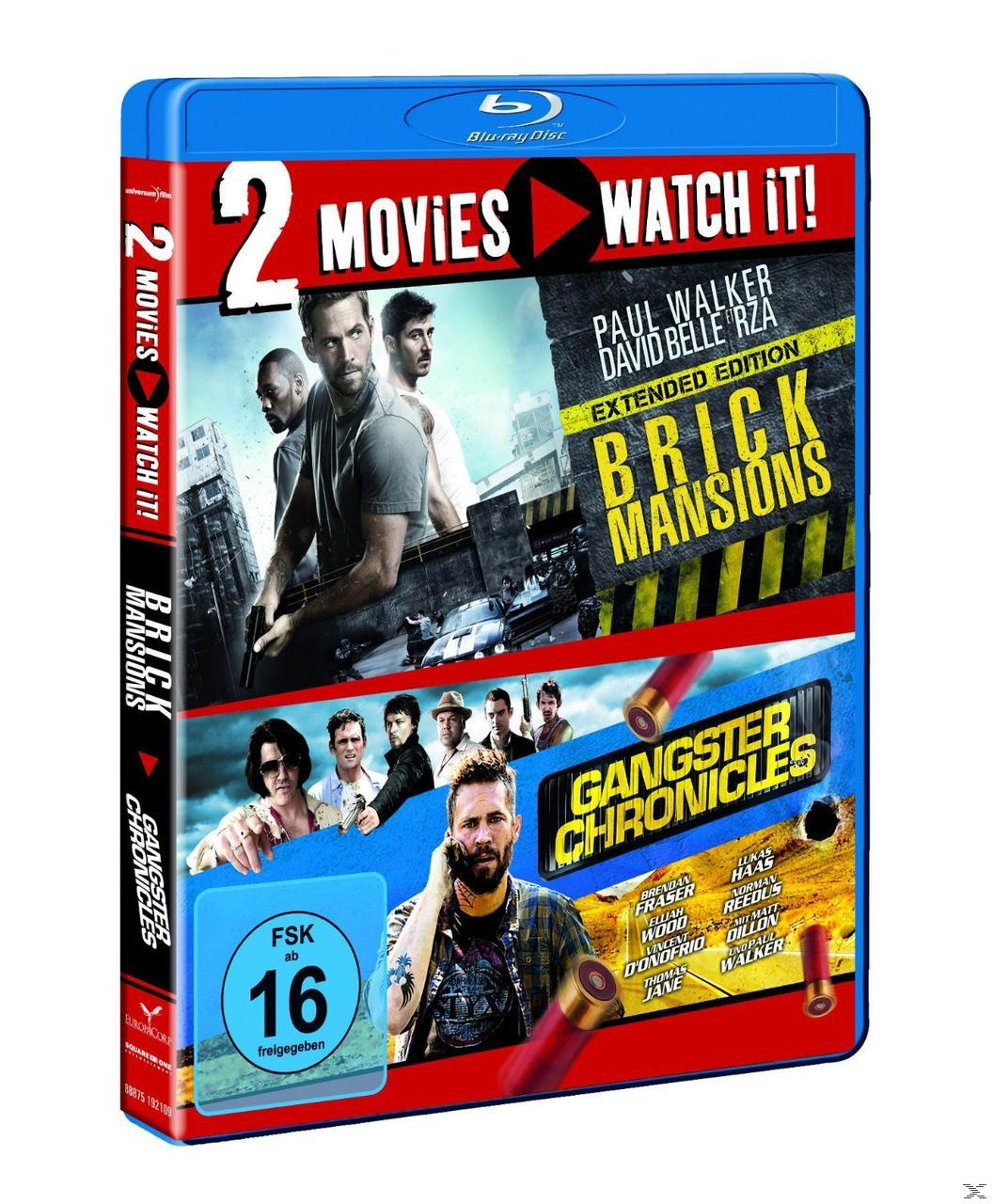 Blu-ray-Hülle mit zwei Filmen, zwei Männern in der Mitte. Text: Brick Mansions und Gangster Chronicles.