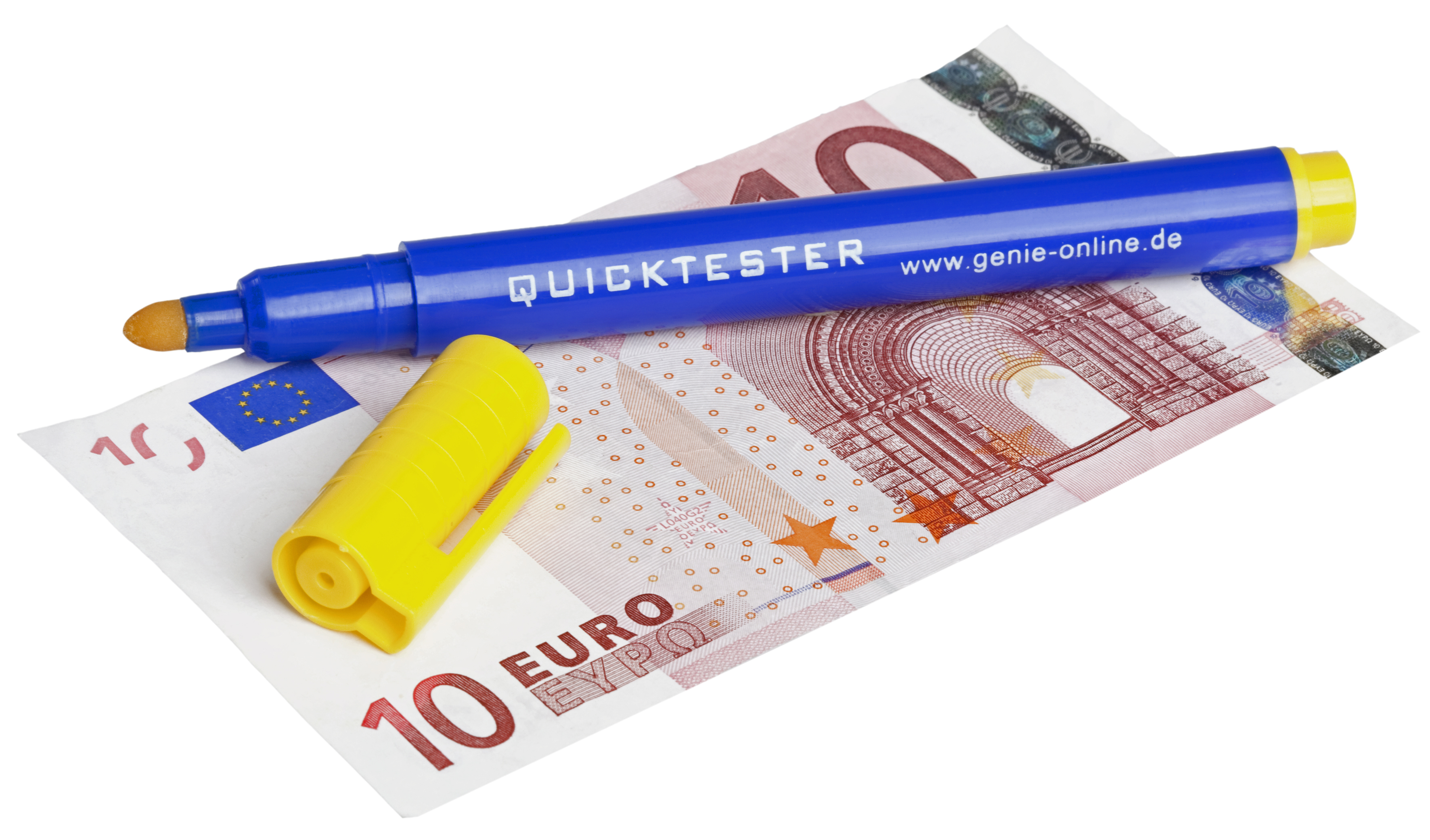 Blauer Stift auf einem 10-Euro-Schein. Der Stift hat eine gelbe Kappe, die Note ist sichtbar.
