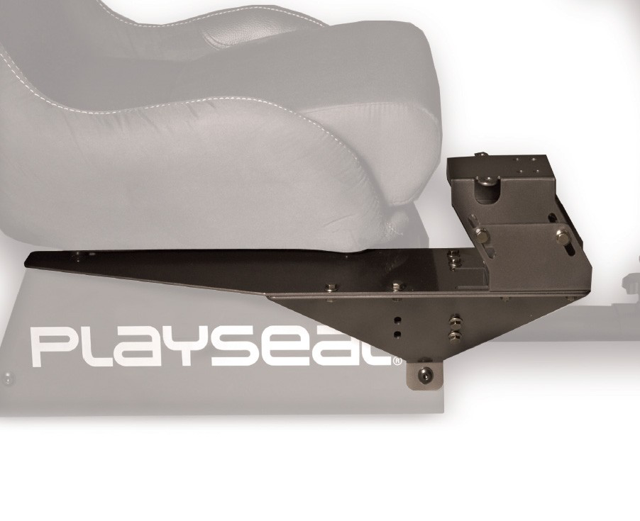 Zwarte metalen race stoelhouder, bevestigd aan een Playseat-basis. De stoel is gedeeltelijk zichtbaar.