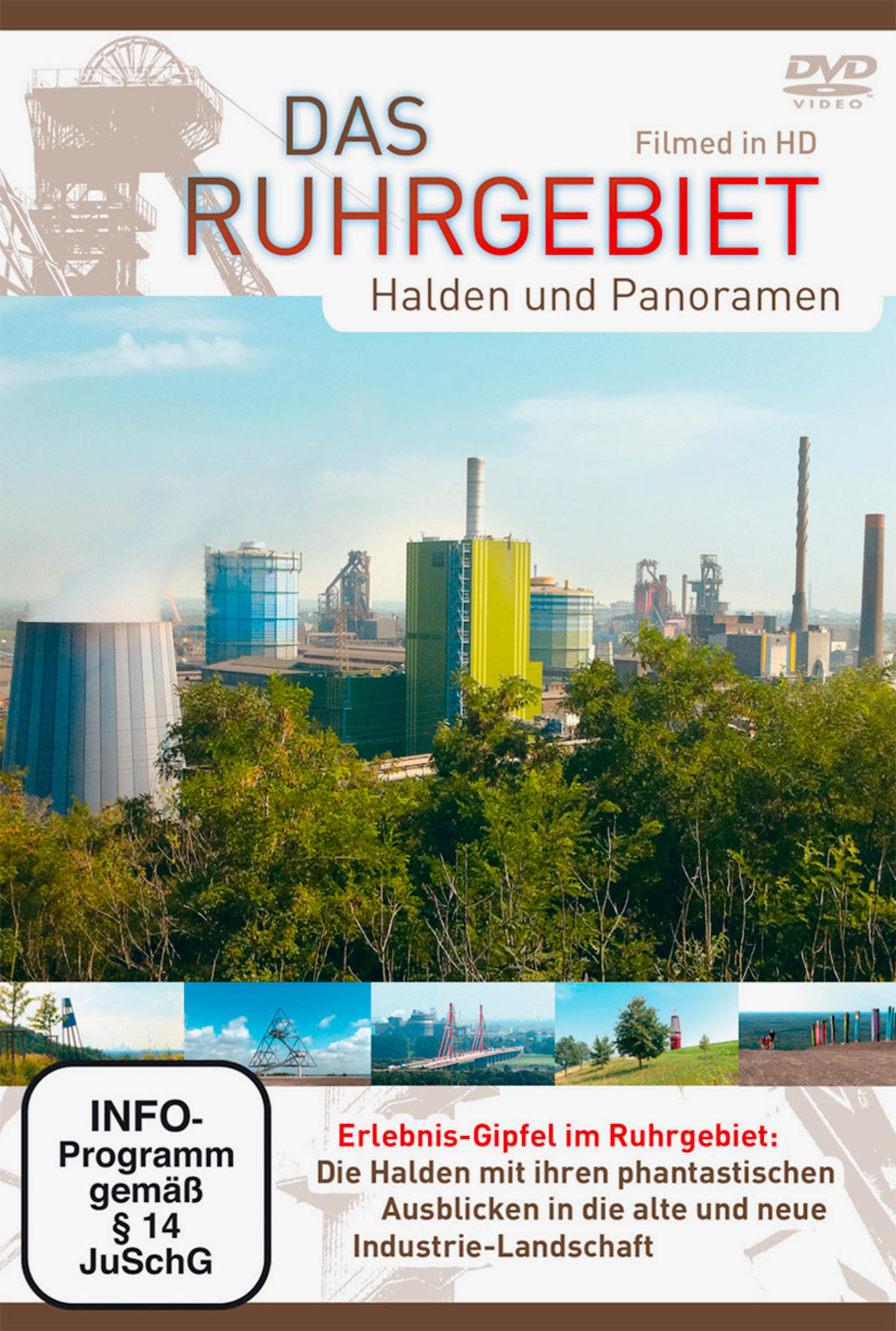 DVD-Cover von Ruhrgebiet: Halden und Panoramen. Industrielandschaft mit grünen Bäumen. Text enthält 'DAS RUHRGEBIET' und 'Filmed in HD'.