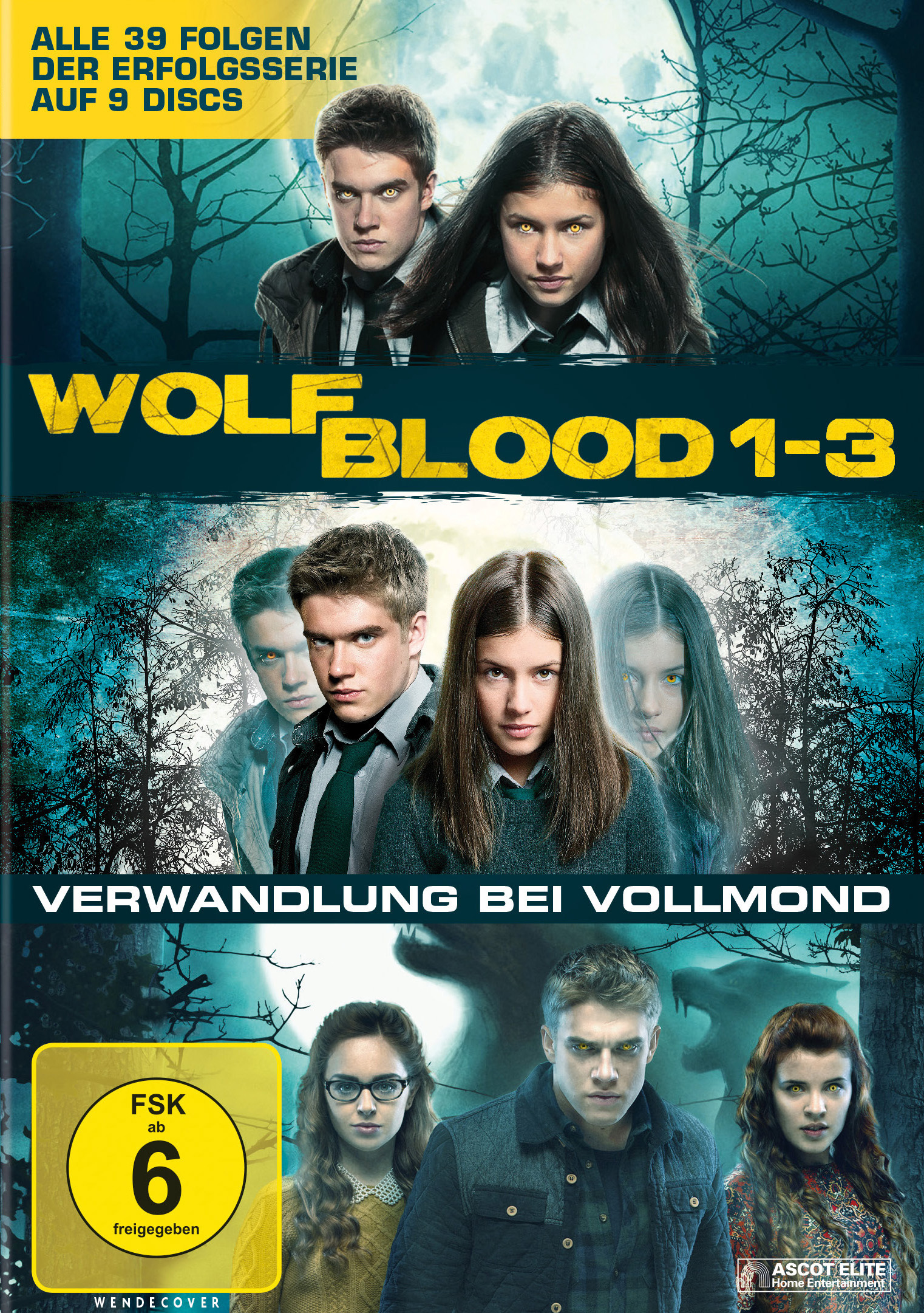 DVD-Cover. Eine Gruppe von Teenagern mit einem Wolf. Titel: Wolfblood 1-3. Vollmond und Bäume im Hintergrund.