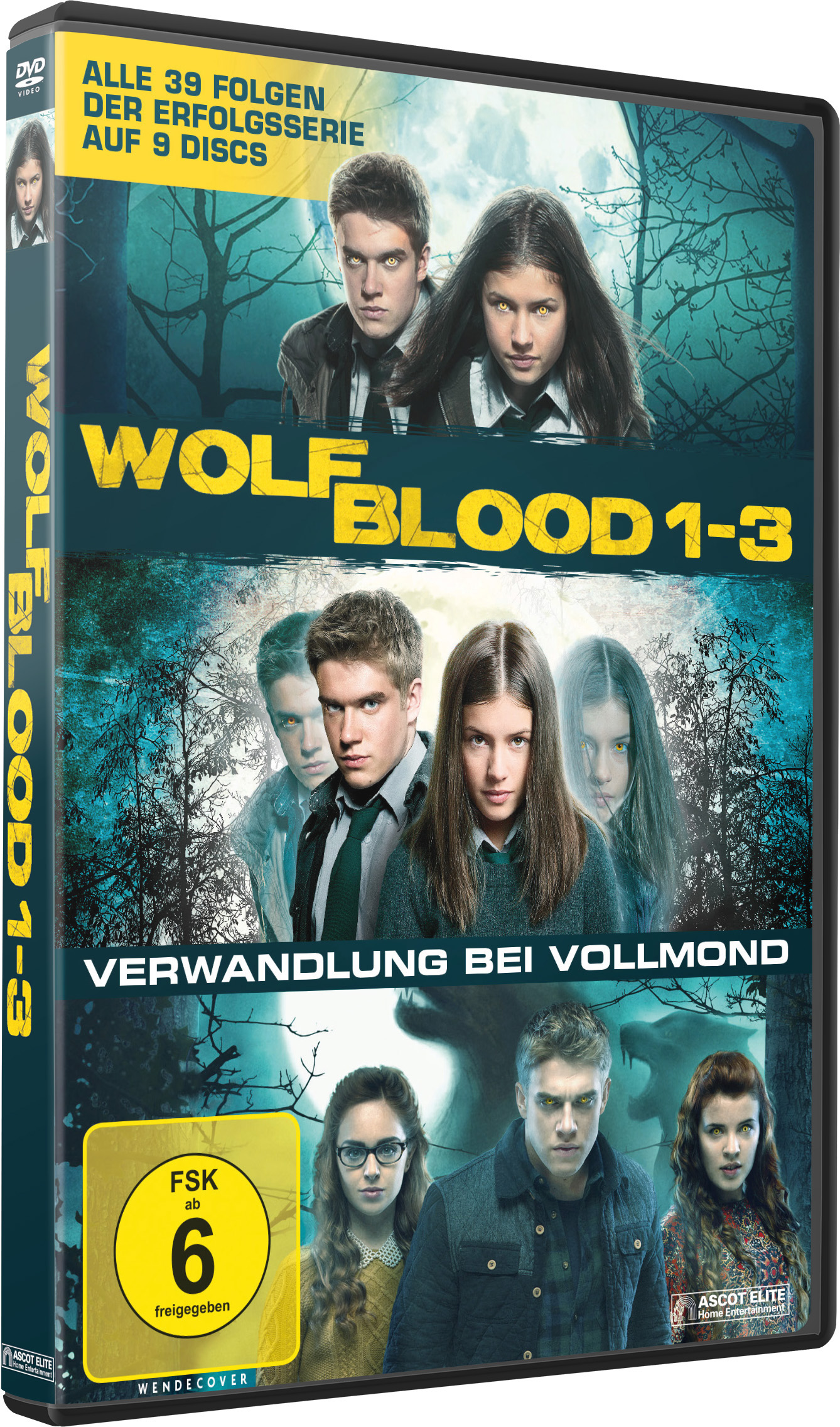 DVD-Cover der Serie 'Wolfblood' mit verschiedenen Schauspielern, zeigt den Titel und die Bewertung.