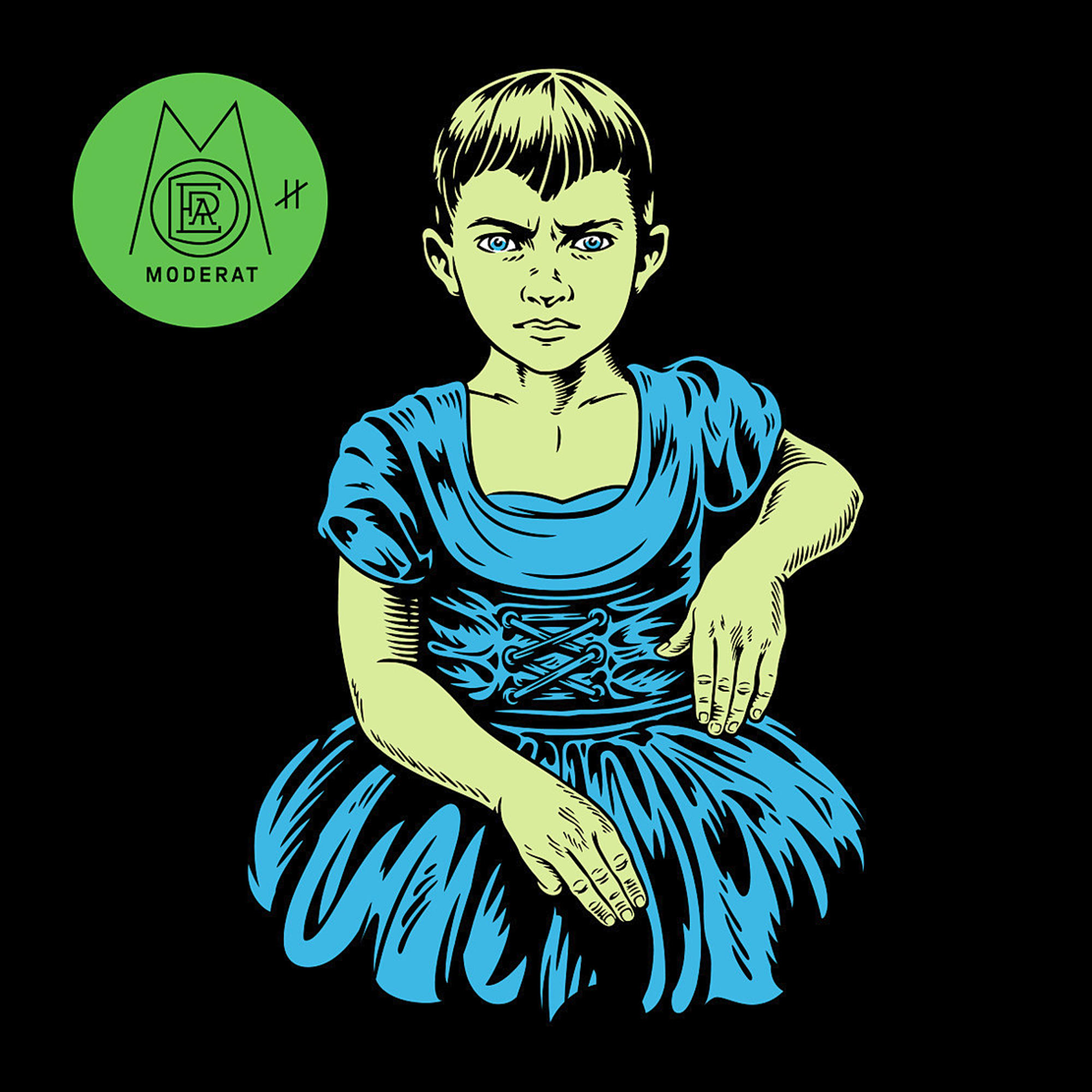 Illustratie van een meisje in een blauwe jurk met een boze uitdrukking. Groene huid, blauwe ogen, zwarte achtergrond en een logo linksboven.