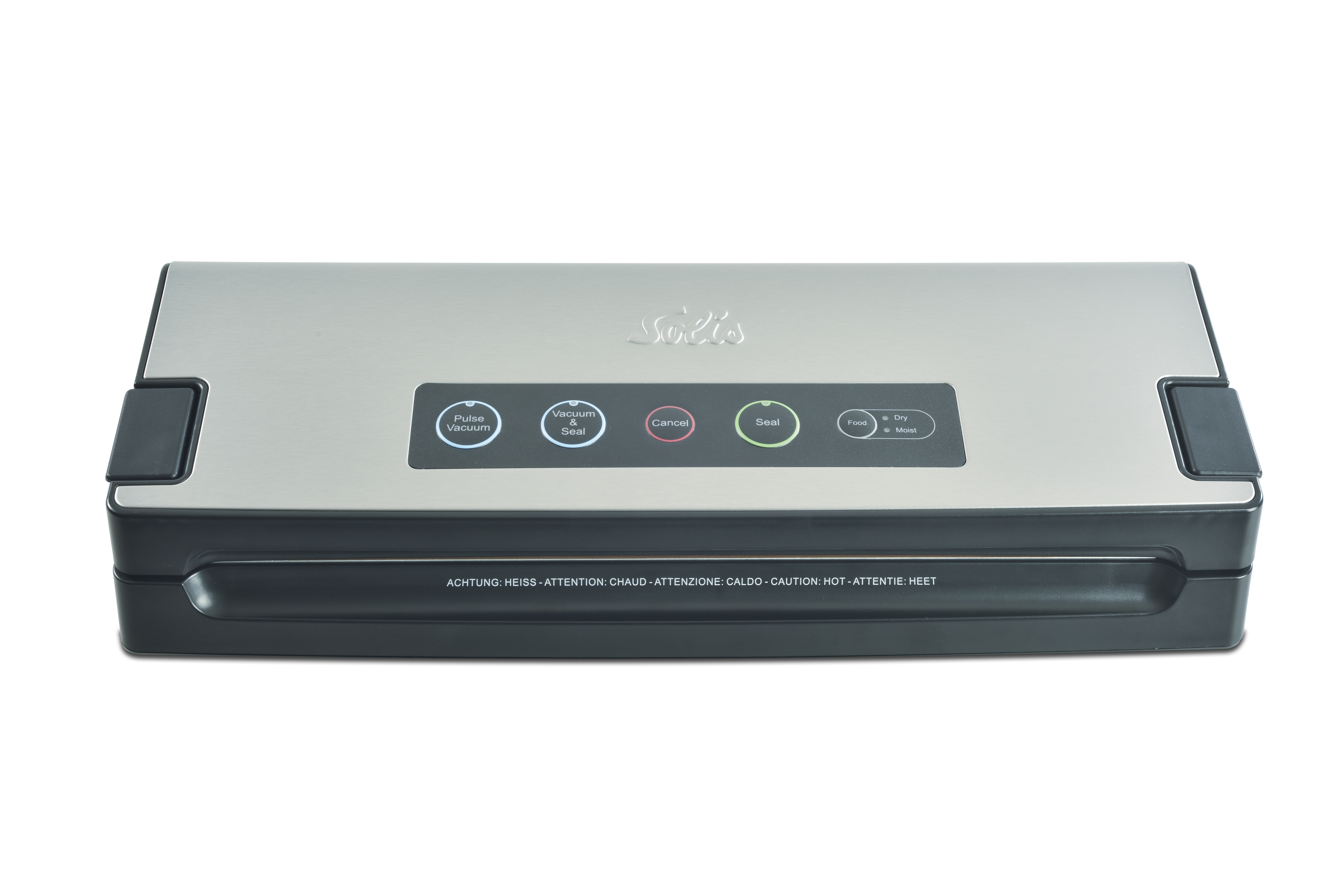 A silver and black vacuum sealer machine. It has buttons for vacuum, seal, and cancel. The brand name Solis is visible.