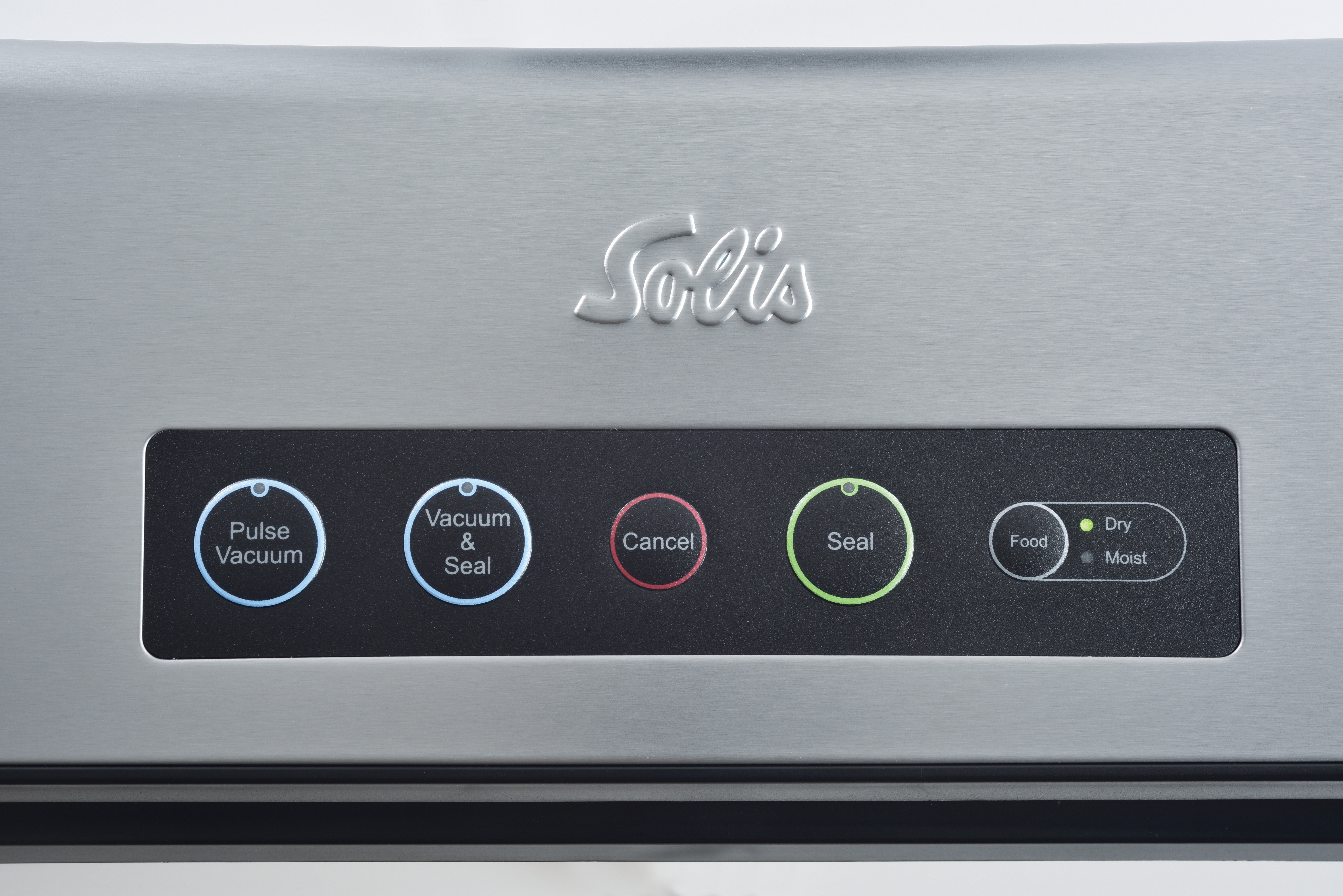 Silver vacuum sealer with control panel. Buttons include Pulse Vacuum, Vacuum & Seal, Cancel, Seal, and Food with Dry/Moist options.