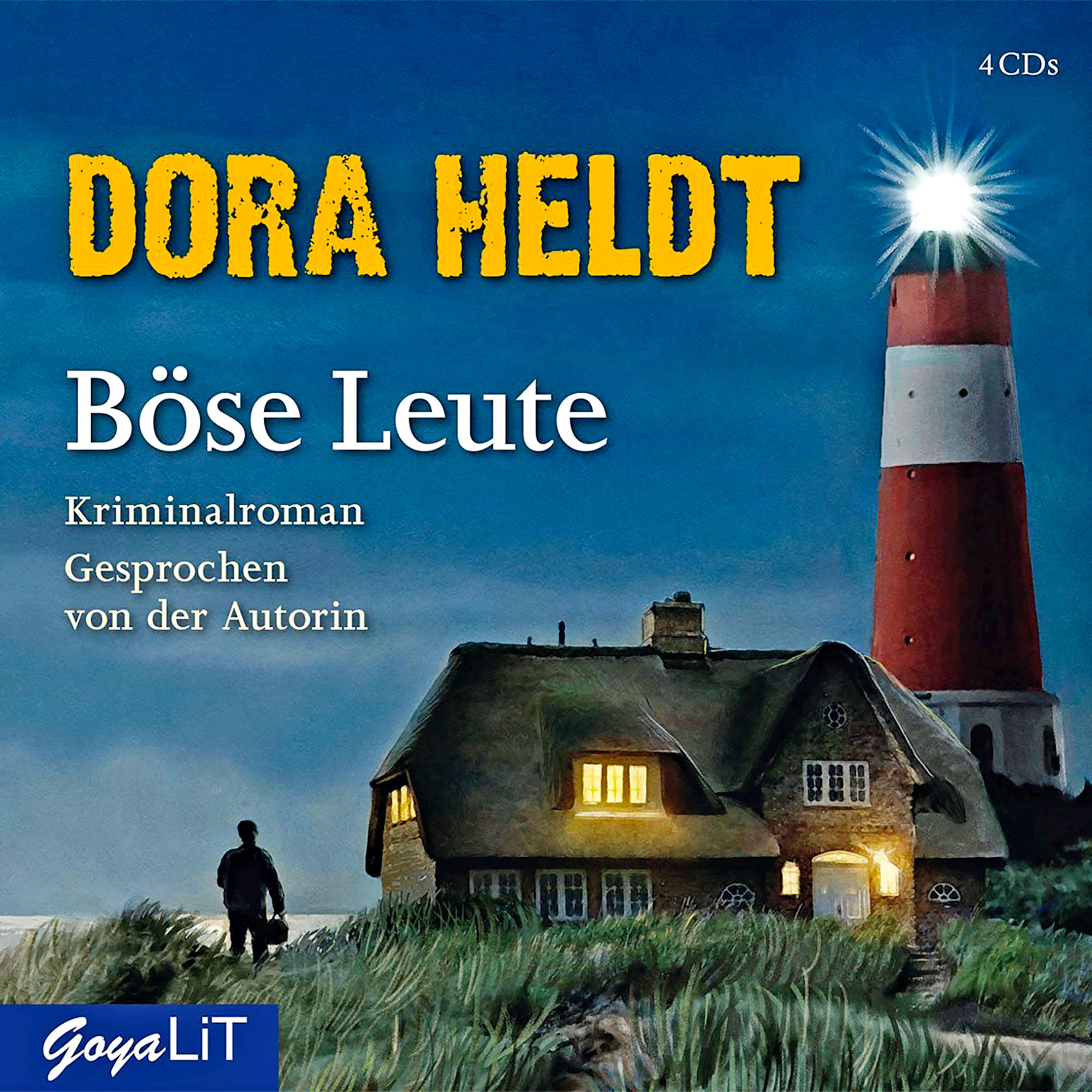 Buchcover mit Leuchtturm, Haus und einer Person, die geht. Text auf Deutsch.