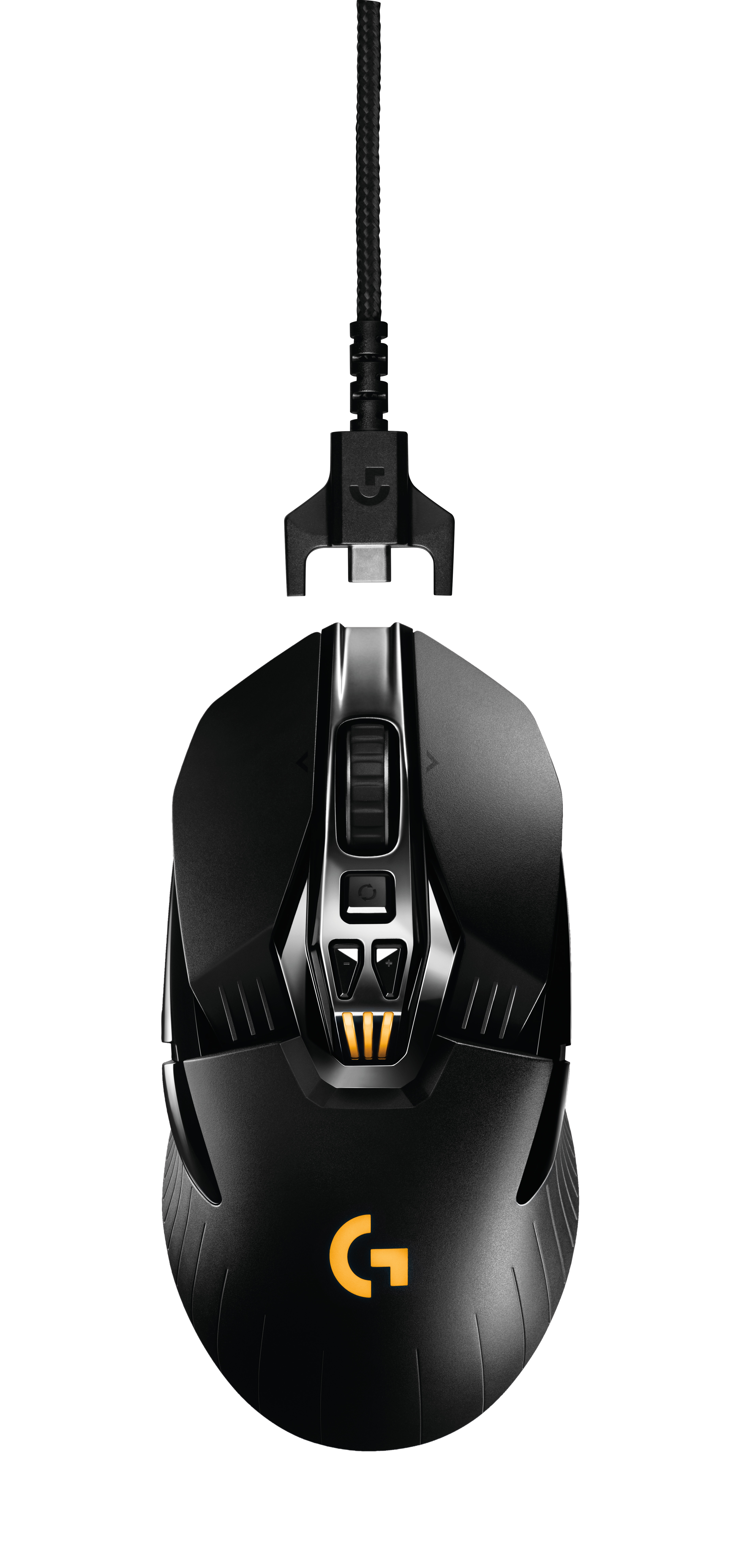 Eine schwarze Gaming-Maus mit USB-Anschluss, Kabel und gelben Lichtern. Es hat ein G-Logo.
