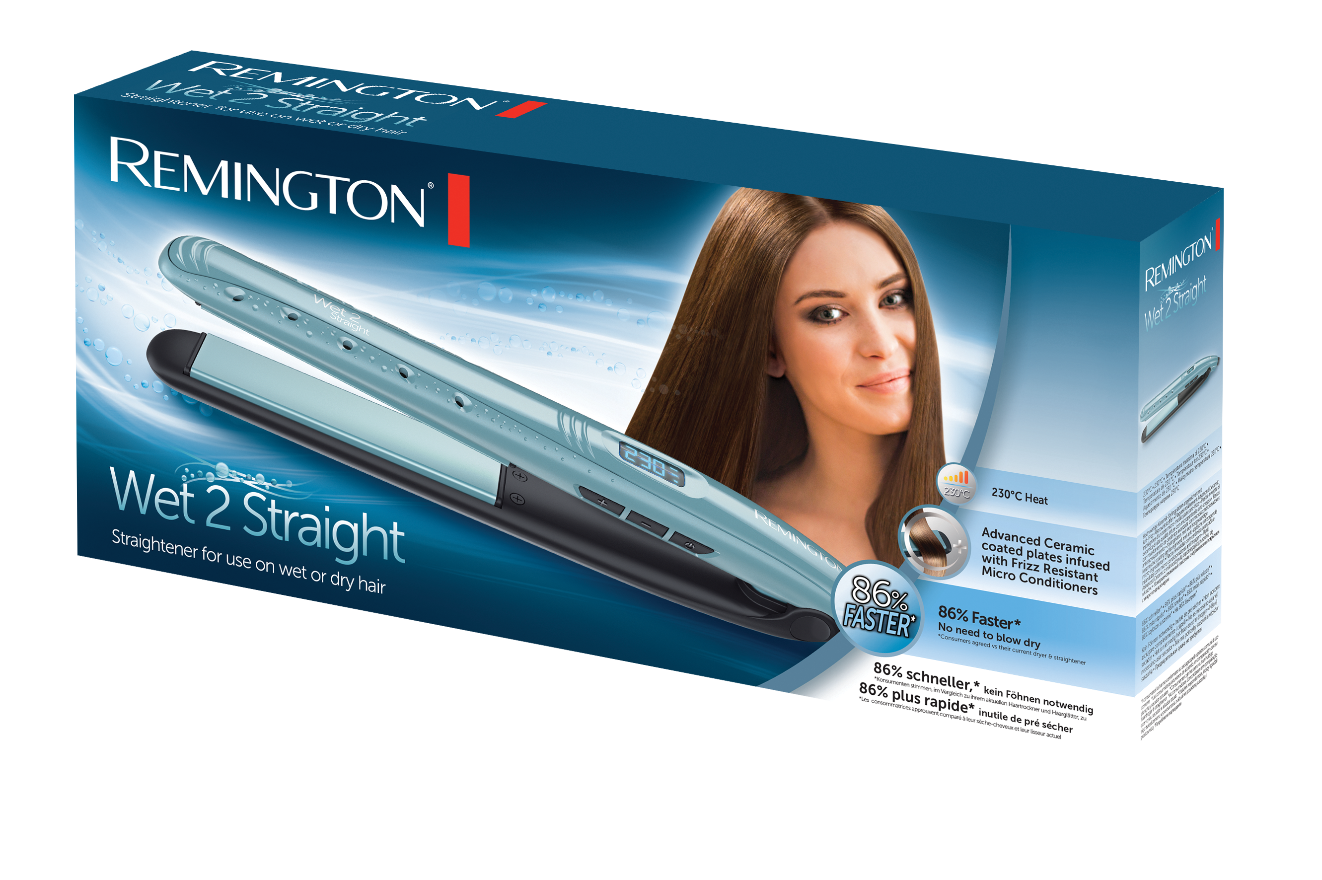 Box of a Remington Wet 2 Straight hair straightener. A woman is on the cover with straight brown hair.