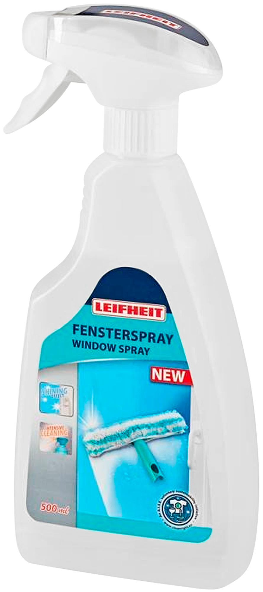 Weiße Sprühflasche, grün-blaues Etikett, Fensterreiniger.