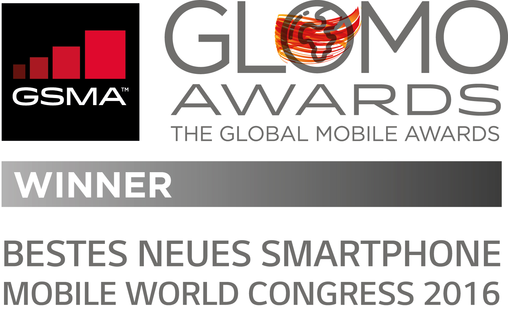 GloMo Awards Gewinner Banner. Enthält GSMA-Logo, Globus-Grafik und Text 'Best New Smartphone'.