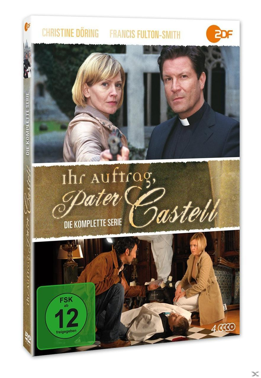 DVD-Hülle mit Frau mit Pistole und Mann, Titel 'Ihr Auftrag, Pater Castell', FSK 12.