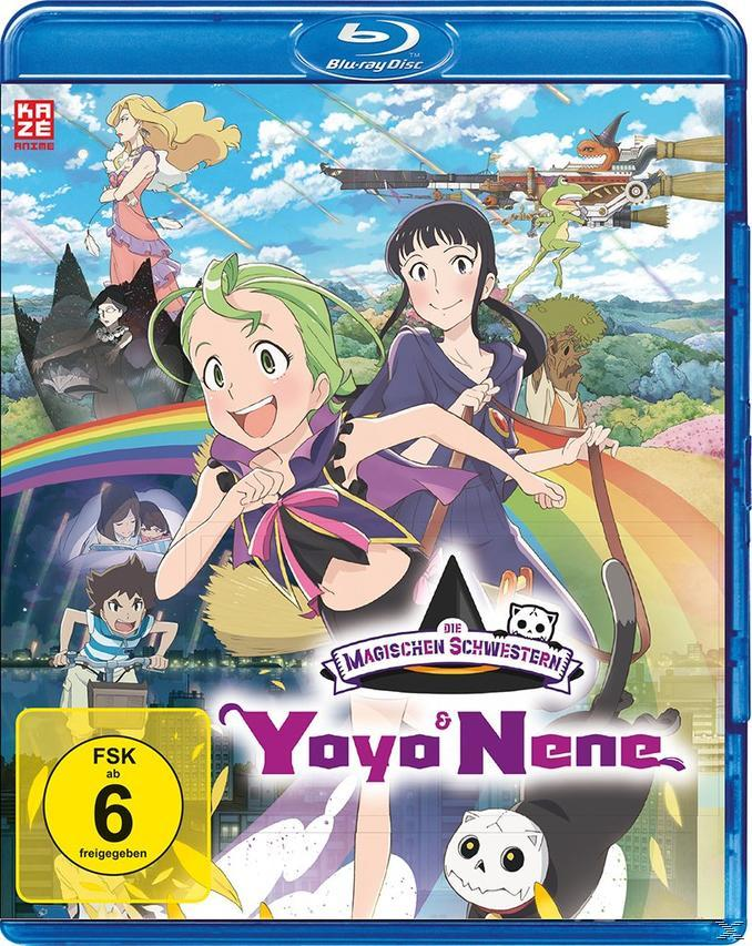 Blu-ray-Cover für den Anime-Film Yoyo & Nene. Cartoonartige Charaktere und eine Szene mit Hexen.