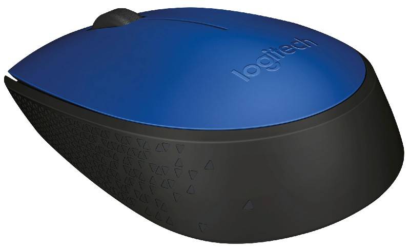 Mavi ve siyah Logitech fare. Üstü mavi, altı ve yanları siyah. Beyaz zemin.