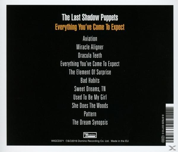 Album-Rückseite. Songtitel mit schwarzem Hintergrund. Weißer Text. The Last Shadow Puppets.