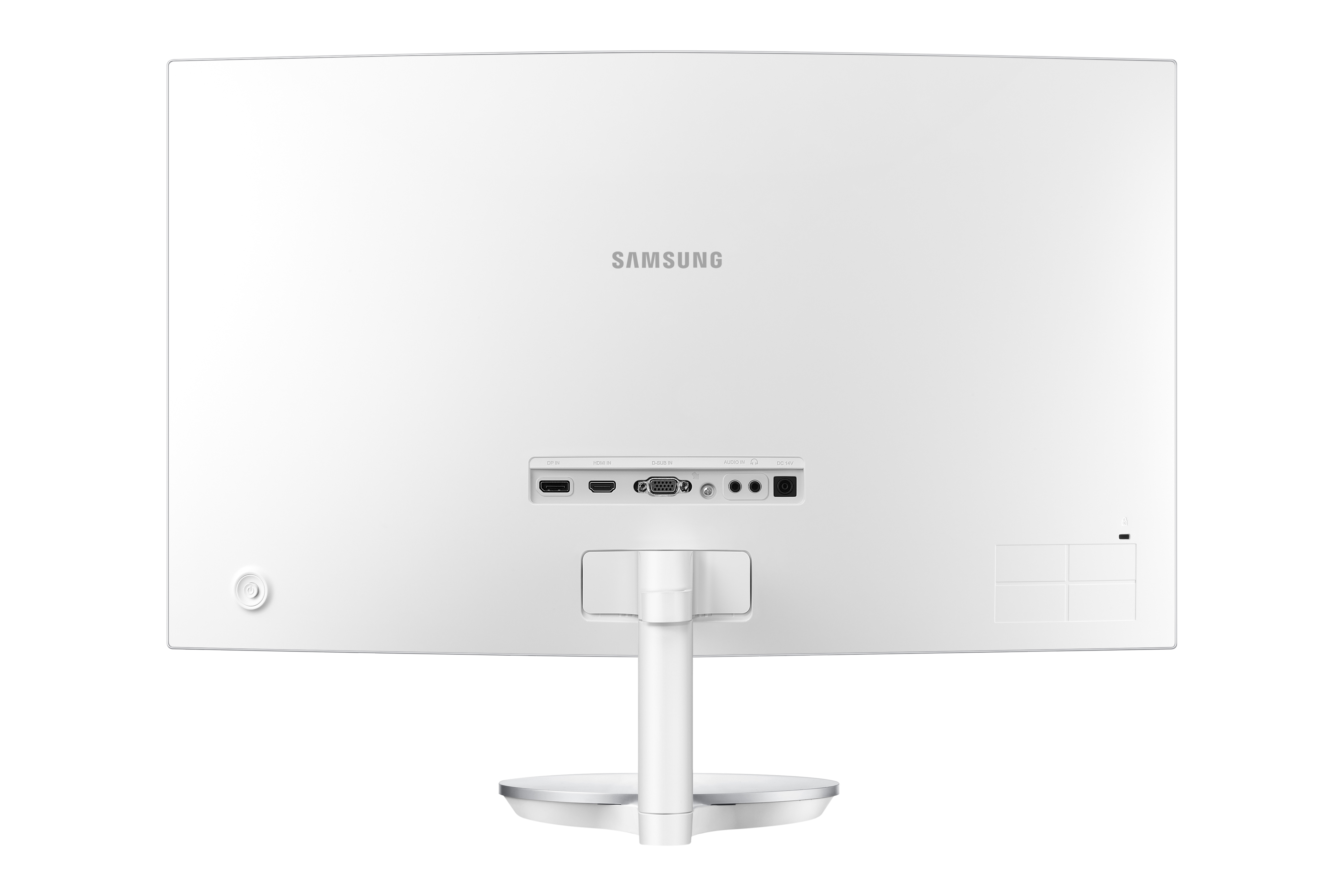 Moniteur d'ordinateur blanc avec le logo Samsung et les ports d'entrée à l'arrière.