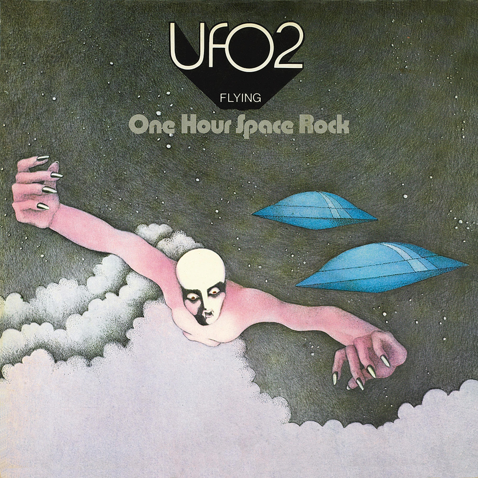 UFO2-Albumcover. Figur fliegt mit zwei UFOs.