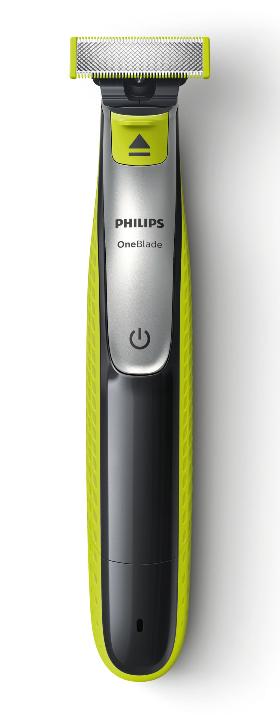 Elektrorasierer, hauptsächlich grün und silber, mit schwarzem Griff. Philips OneBlade Logo sichtbar.