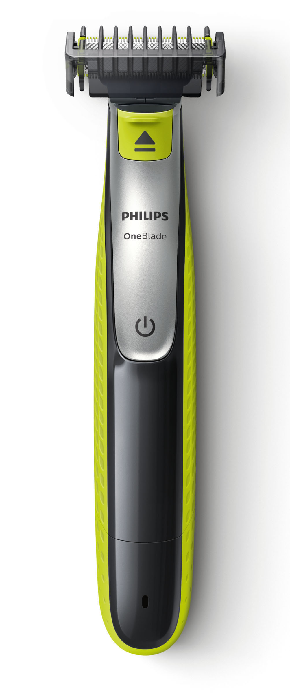 Ein Philips OneBlade Elektrorasierer, schwarz und lindgrün, auf weißem Hintergrund.