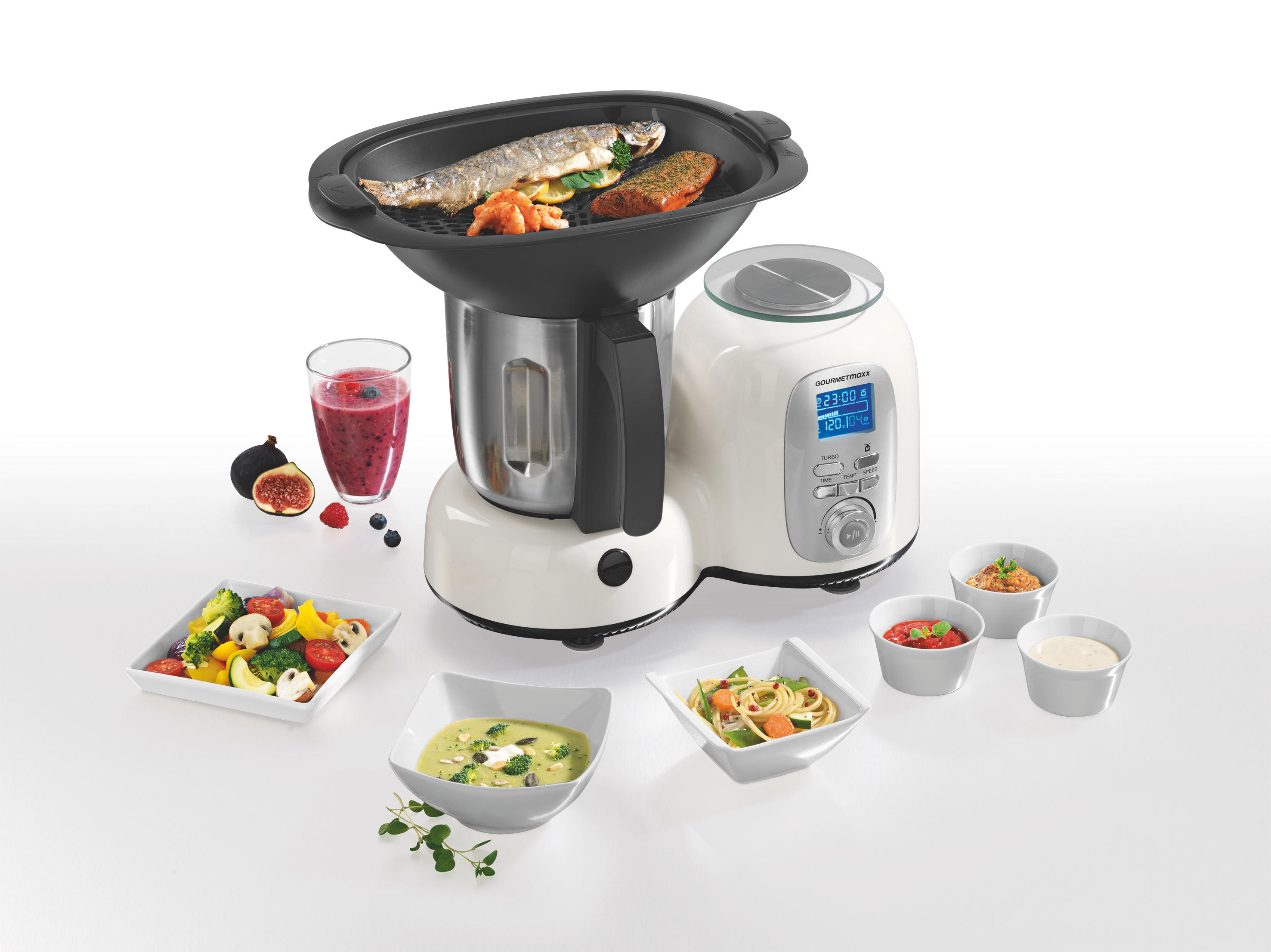 GOURMETMAXX 9763 Deluxe Küchenmaschine mit Kochfunktion Weiß/Schwarz (1500 Watt)
