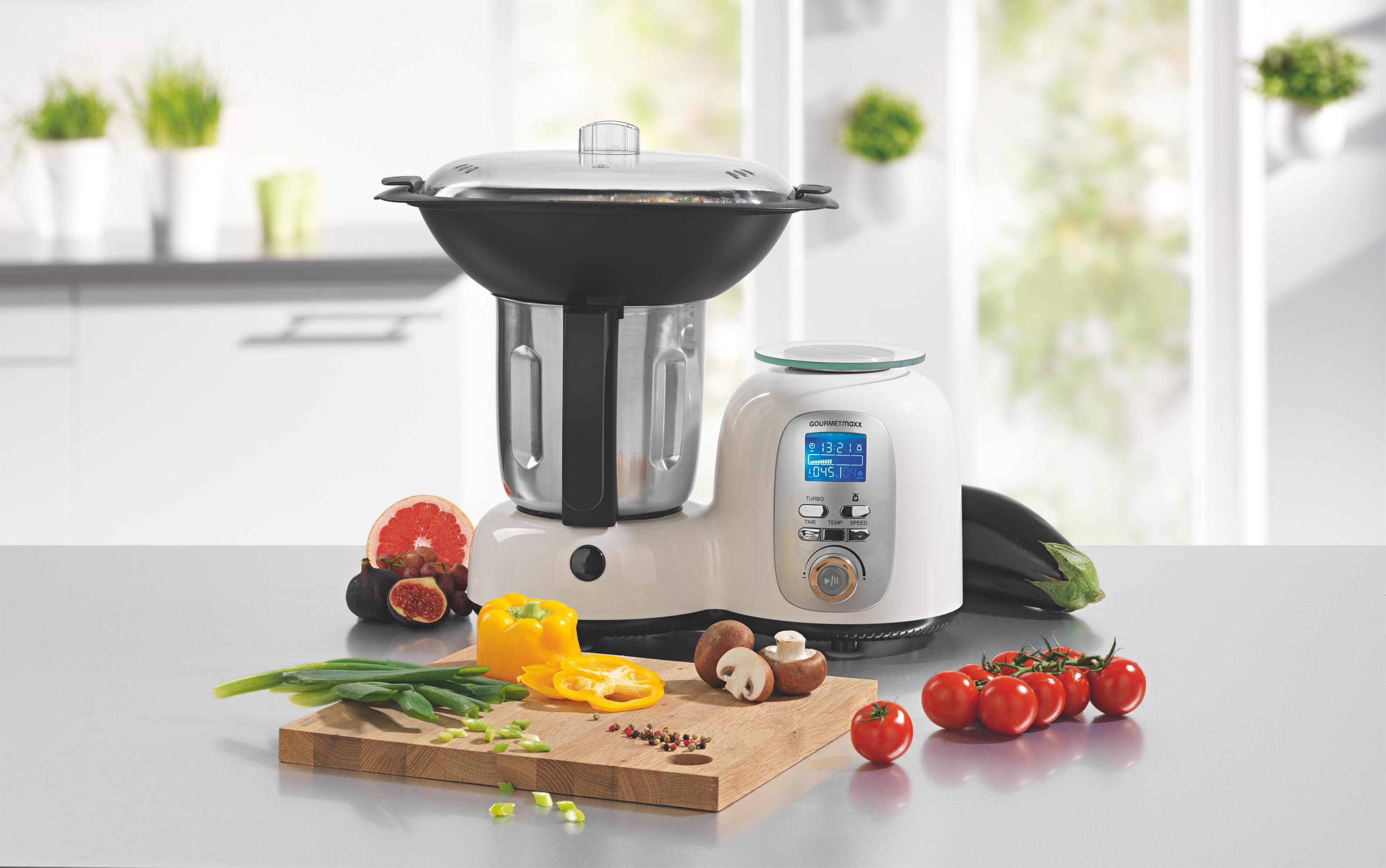 GOURMETMAXX 9763 Deluxe Küchenmaschine mit Kochfunktion Weiß/Schwarz (1500 Watt)