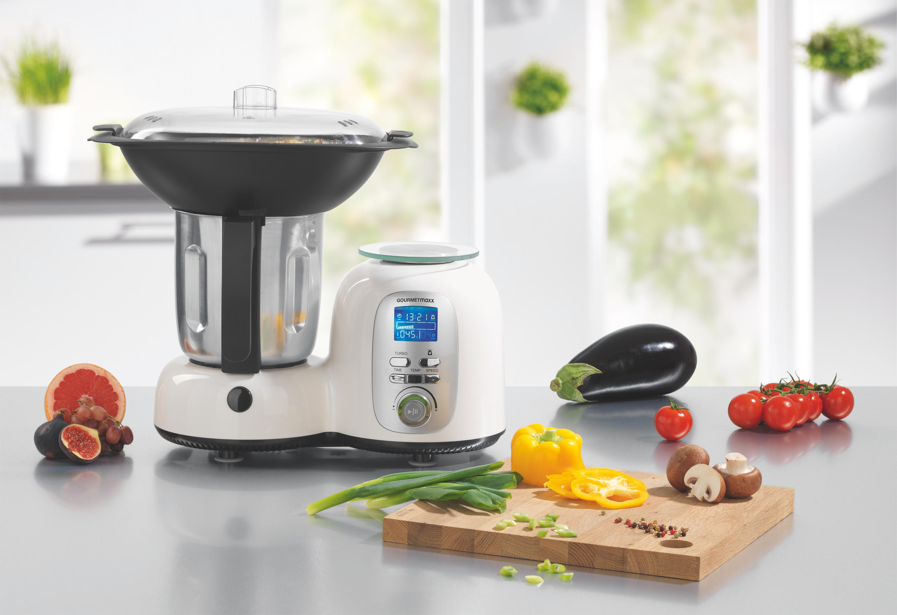 GOURMETMAXX 9763 Deluxe Küchenmaschine mit Kochfunktion Weiß/Schwarz (1500 Watt)