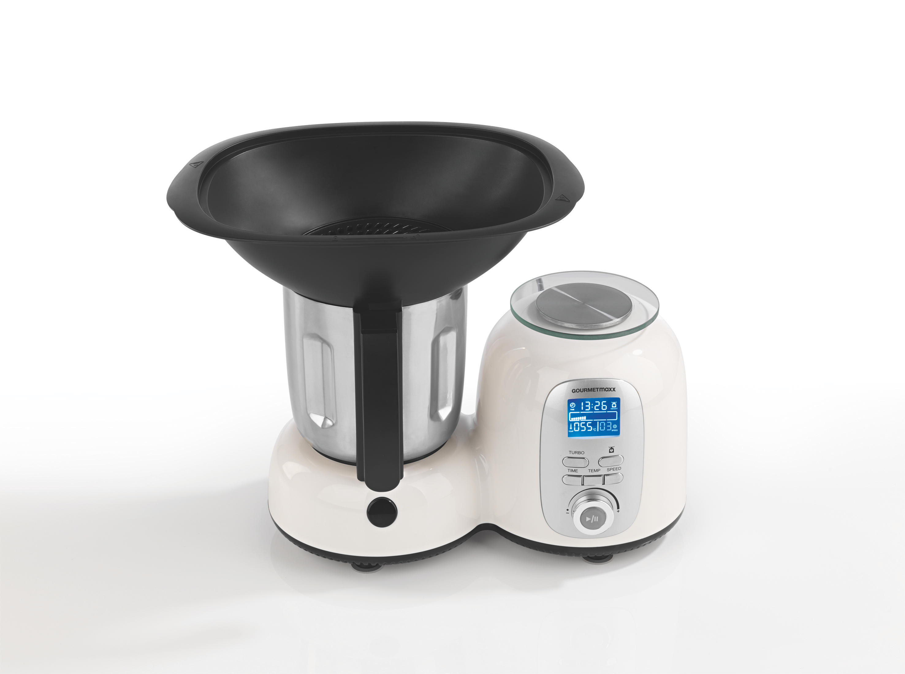 GOURMETMAXX 9763 Deluxe Küchenmaschine mit Kochfunktion Weiß/Schwarz (1500 Watt)