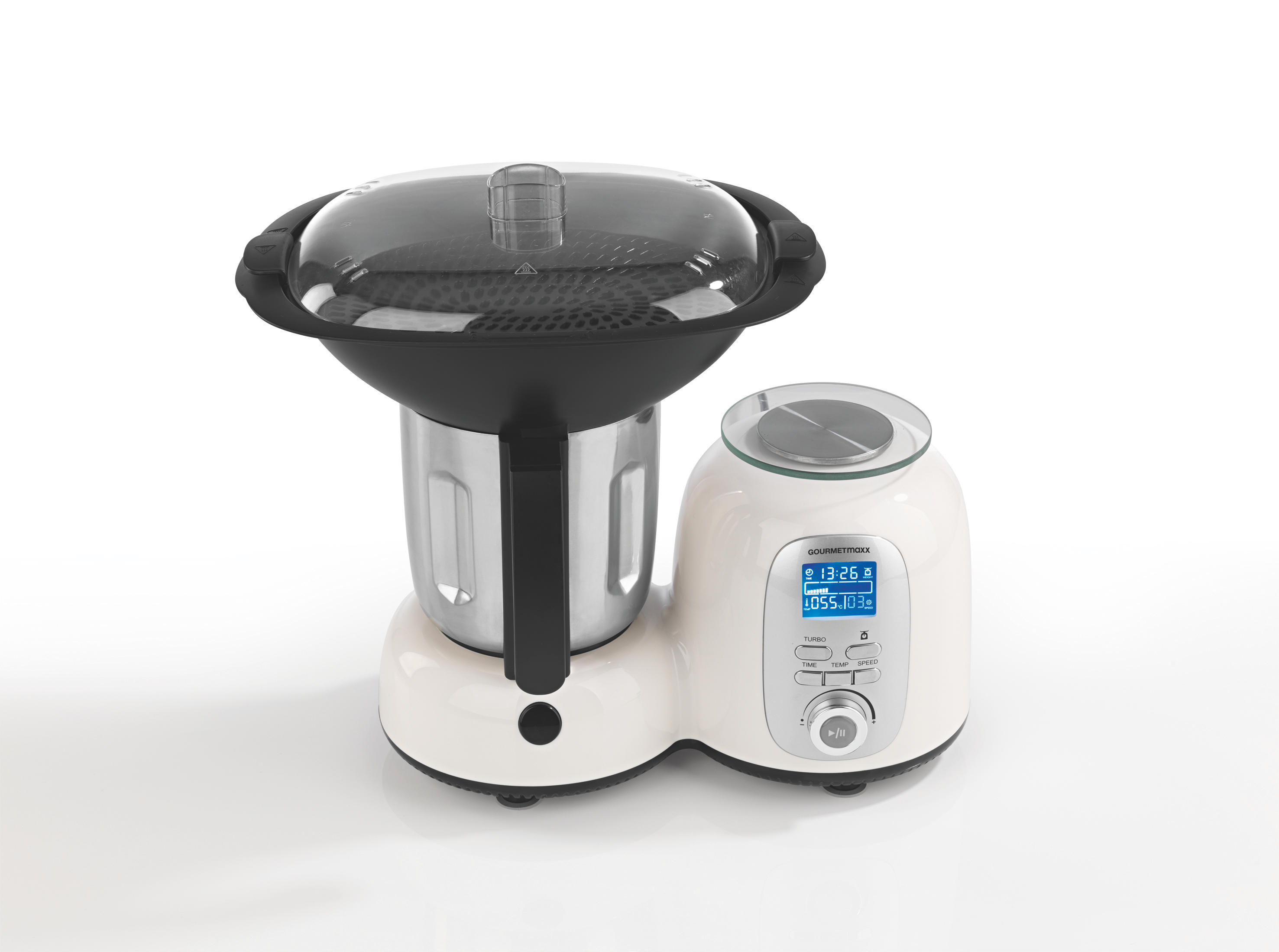 GOURMETMAXX 9763 Deluxe Küchenmaschine mit Kochfunktion Weiß/Schwarz (1500 Watt)