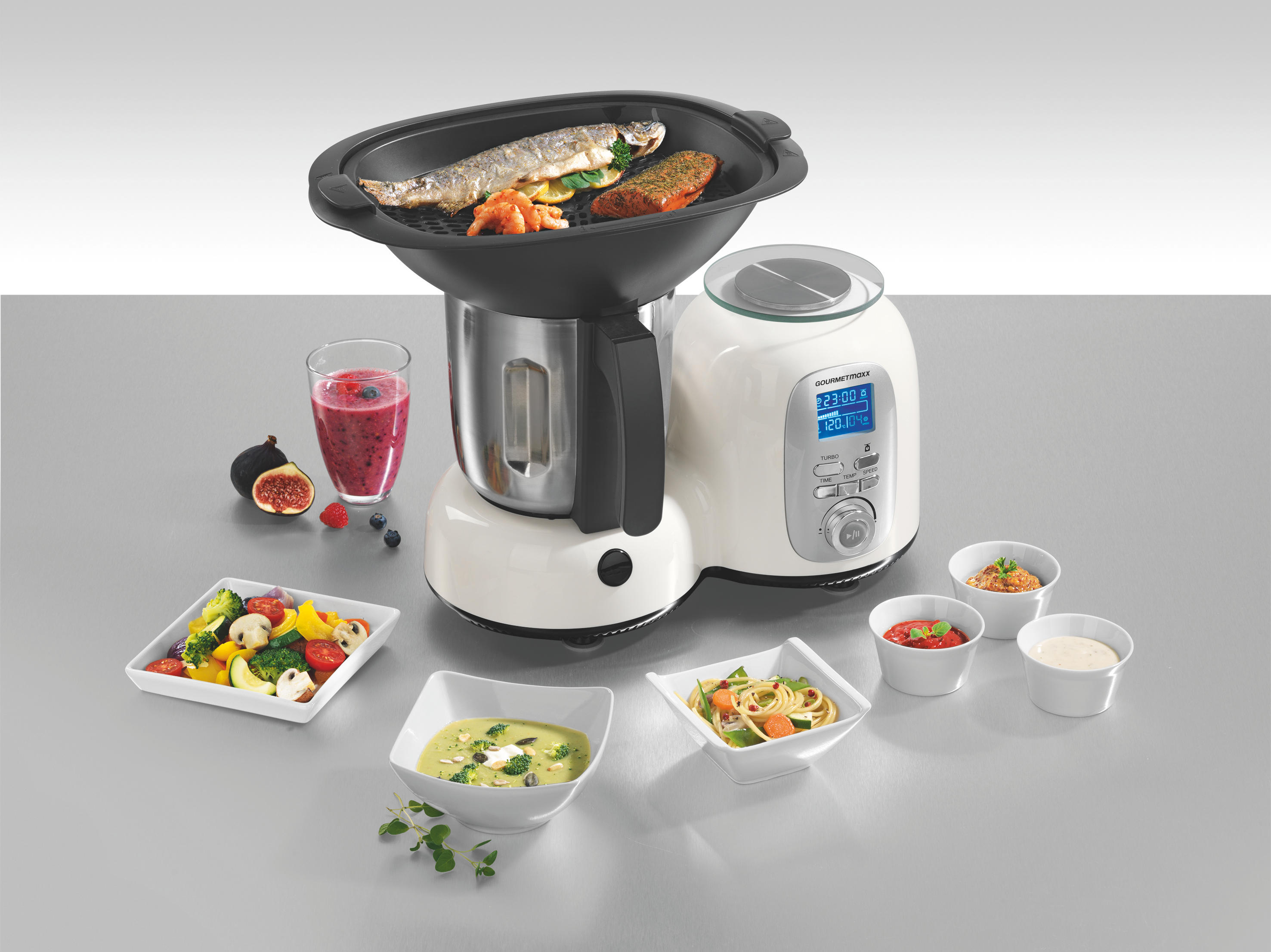 GOURMETMAXX 9763 Deluxe Küchenmaschine mit Kochfunktion Weiß/Schwarz (1500 Watt)