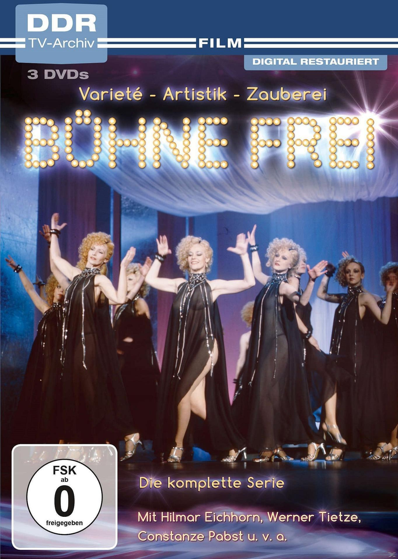 DVD-Cover: Frauen in schwarzen Kleidern auf der Bühne, Titel: Bühne Frei. Lichter und FSK-Logo.