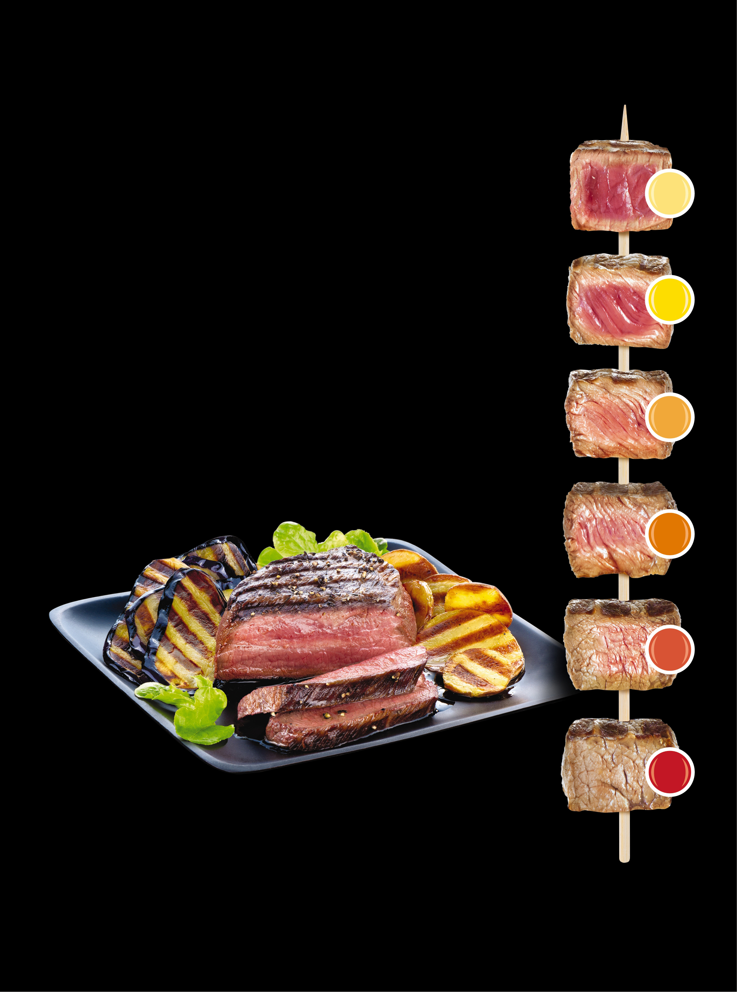 Geschnittenes Steak auf einem Teller neben gegrilltem Gemüse und ein Spieß mit Steak-Garproben.