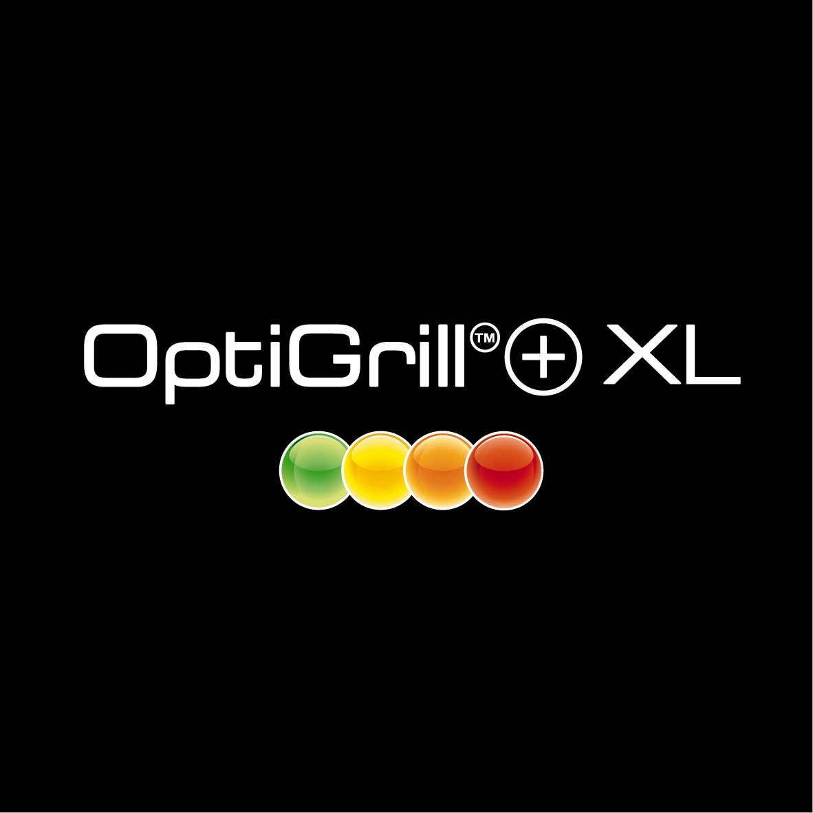 Schwarzer Hintergrund mit dem Text "OptiGrill® + XL" in Weiß. Farbige Kreise darunter.