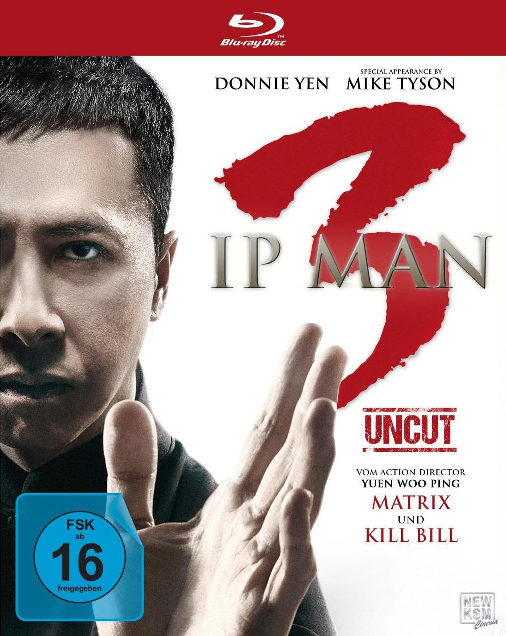 Blu-ray-Cover für 'IP Man 3', mit Donnie Yen, Mike Tyson. Rotes '3' und Filmtitel.