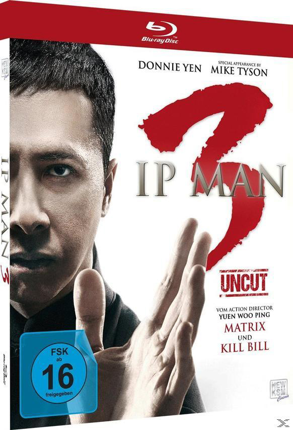 IP Man 3 Blu-ray-Cover. Donnie Yen ist auf der Vorderseite, mit 'IP Man 3' in Rot. Mike Tyson erscheint.