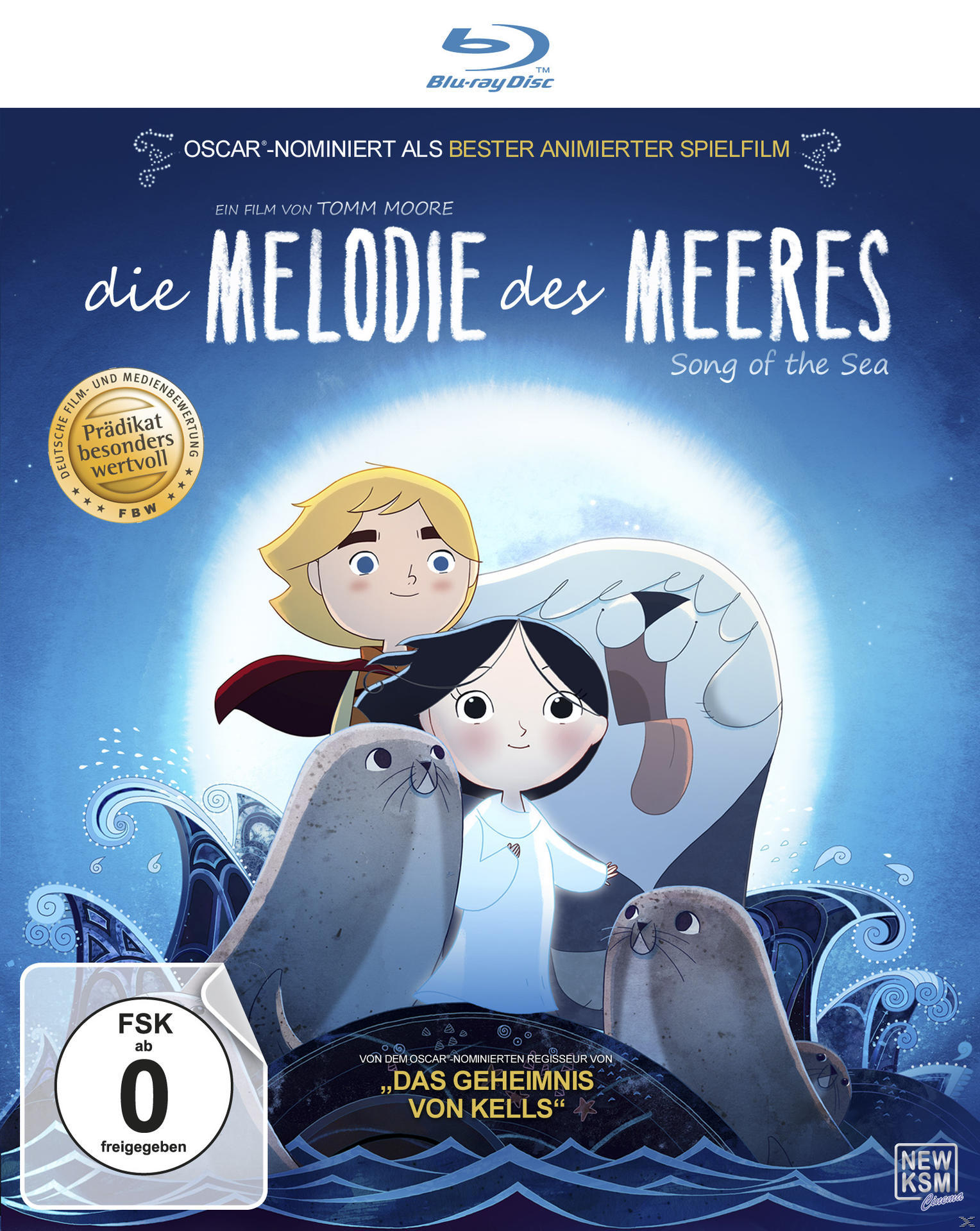 Filmcover. Titel auf Deutsch: Die Melodie des Meeres. Zeichentrickfiguren von einem Jungen und einem Mädchen mit Seehunden.