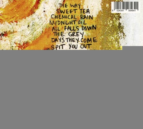 Rückseite des Albums, weißer Text auf gelb/braunem Hintergrund. Songtitel sind aufgelistet. Der Text ist handgeschrieben.