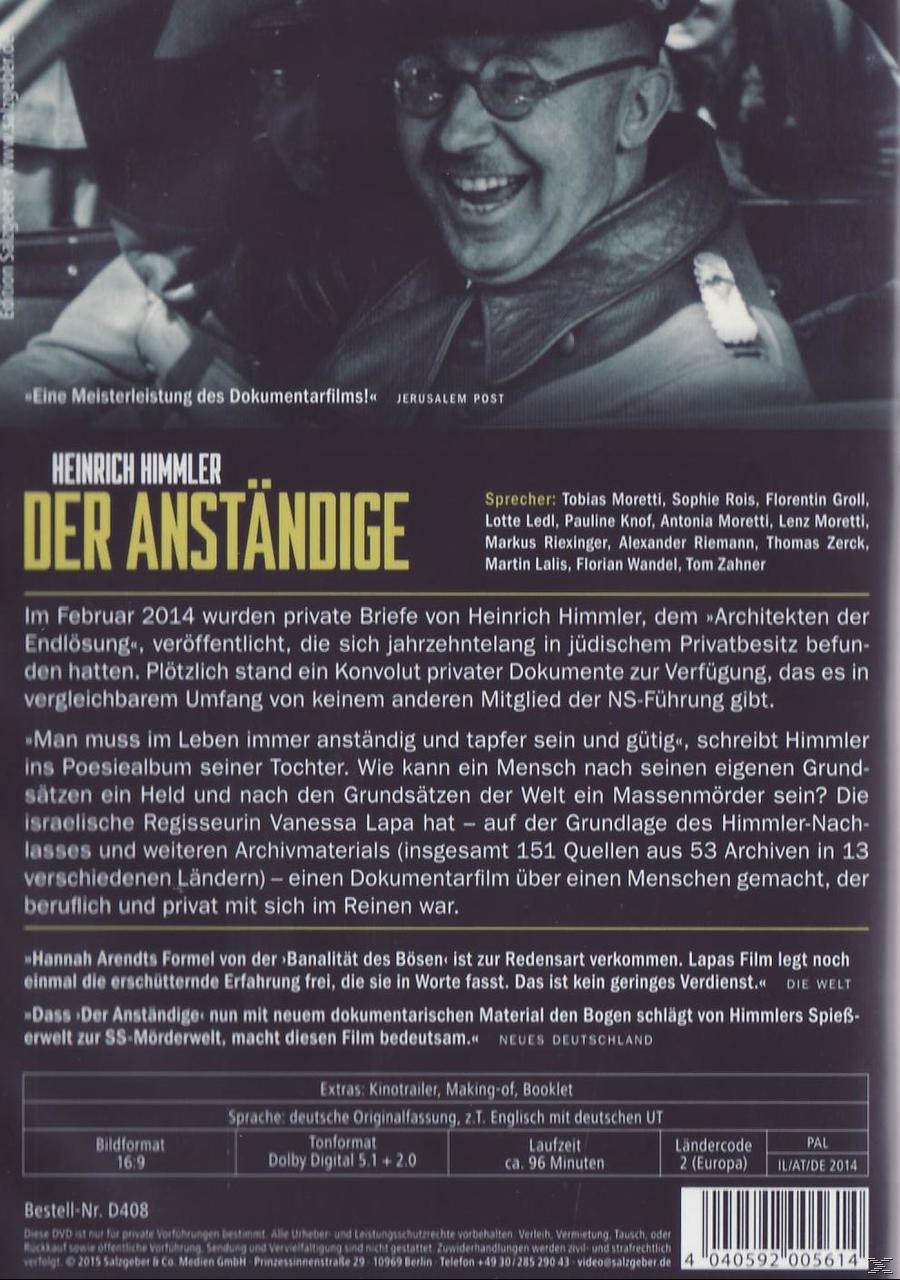 DVD-Hülle: 'Heinrich Himmler-Der Anständige.' Text auf Deutsch. Bild: eine dunkle, historische Szene.